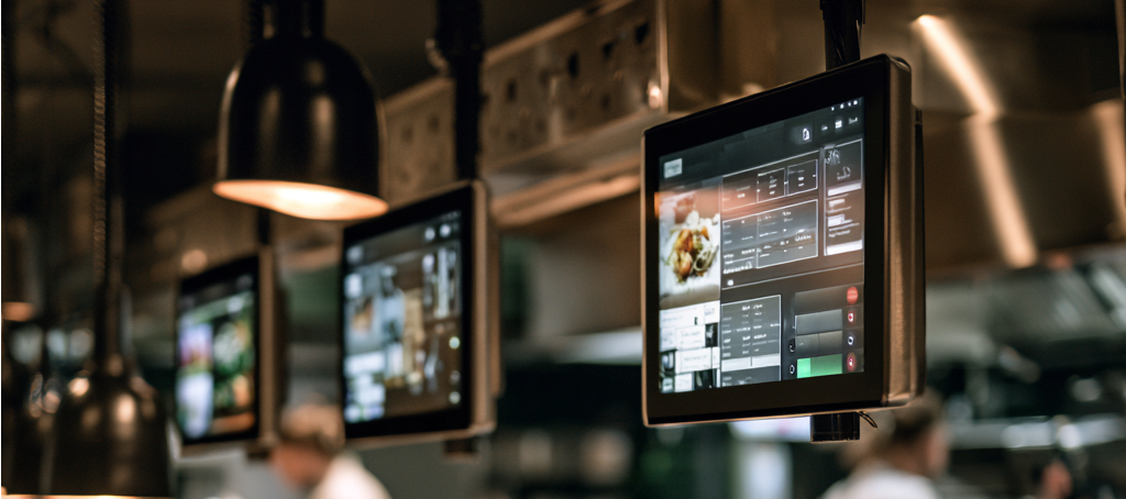 Kitchen display system showing color-coded orders in a busy restaurant kitchen