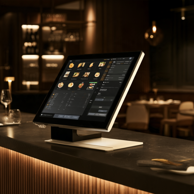 Touchscreen POS terminal on a bar counter displaying a dark, multimenu order screen in a dimly lit restaurant venue