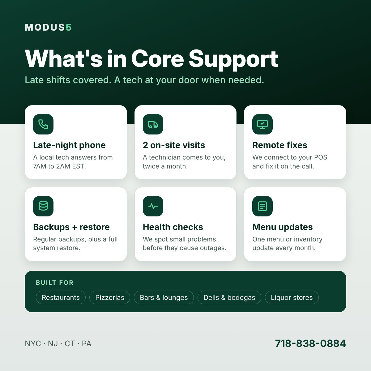 core-support-pos-support-plan-features | Modus 5 Hero banner for Core Support with six service cards: Late-night phone, on-site visits, remote fixes, backups, health checks, and menu updates on a dark green background with a built-for section and contact info.