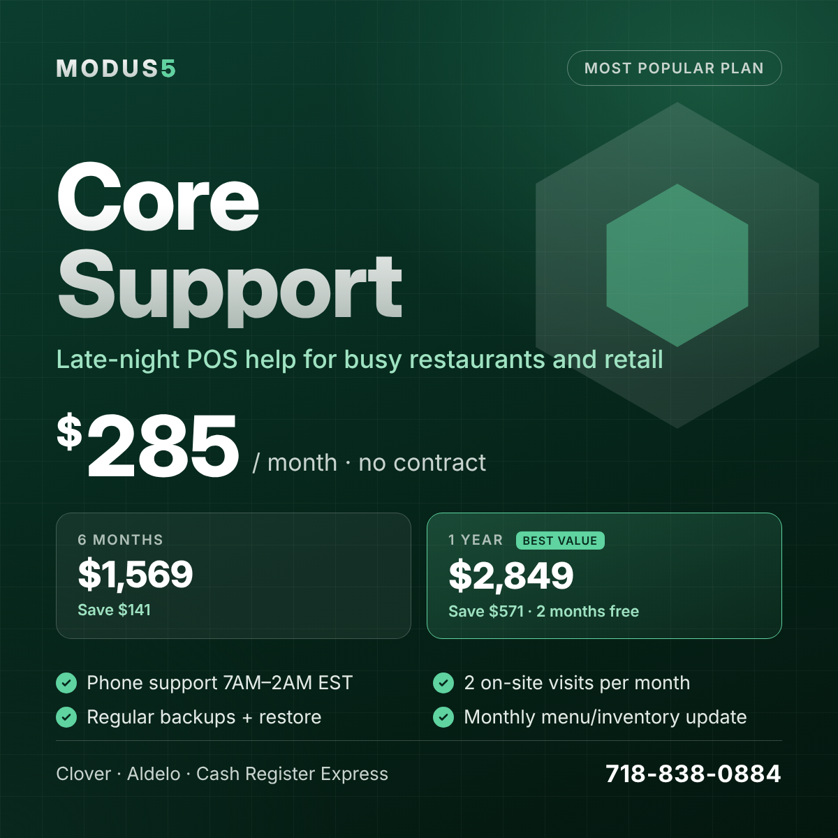 core-support-pos-support-plan-nyc | Modus 5 Marketing hero for Core Support plan: late-night POS help with large $285/month price and two plan options shown against a dark green grid background.