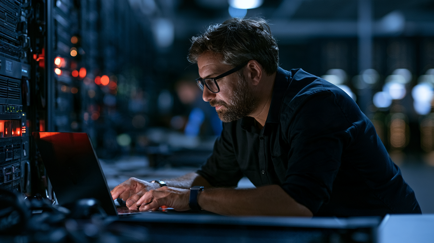 Man with glasses and beard typing on a laptop beside server racks in a data center at night