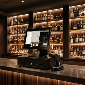 Point-of-sale touchscreen atop a cash drawer on a bar counter, with backlit liquor shelves in the background.