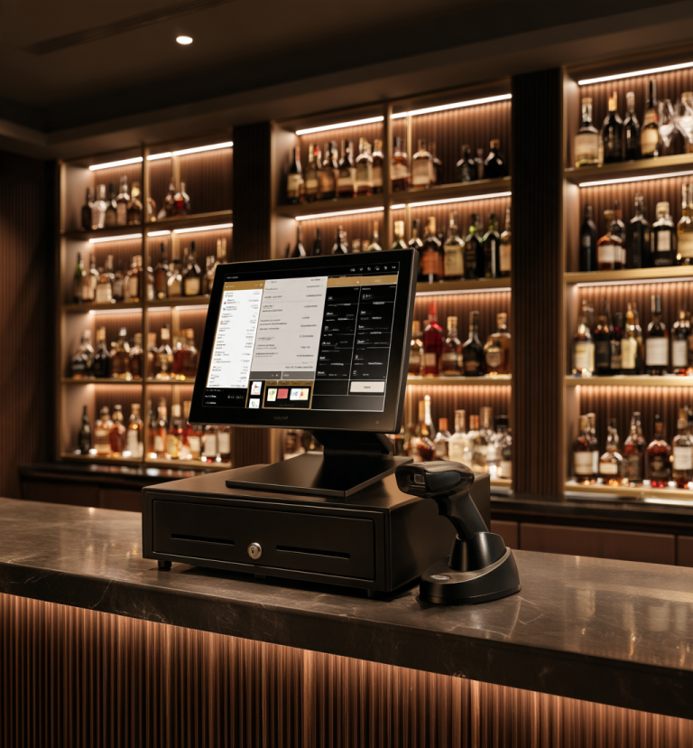 Point-of-sale touchscreen atop a cash drawer on a bar counter, with backlit liquor shelves in the background.