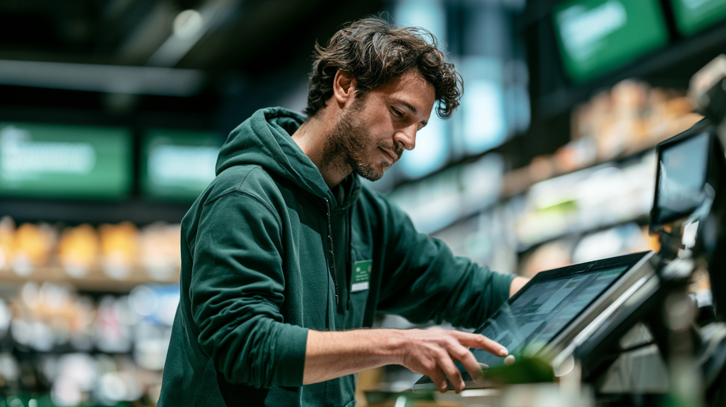 Retail worker in a green hoodie using a touchscreen checkout monitor in a store setting on duty.