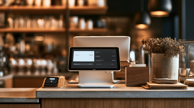 Countertop payment terminal showing cash and card prices at a New York store