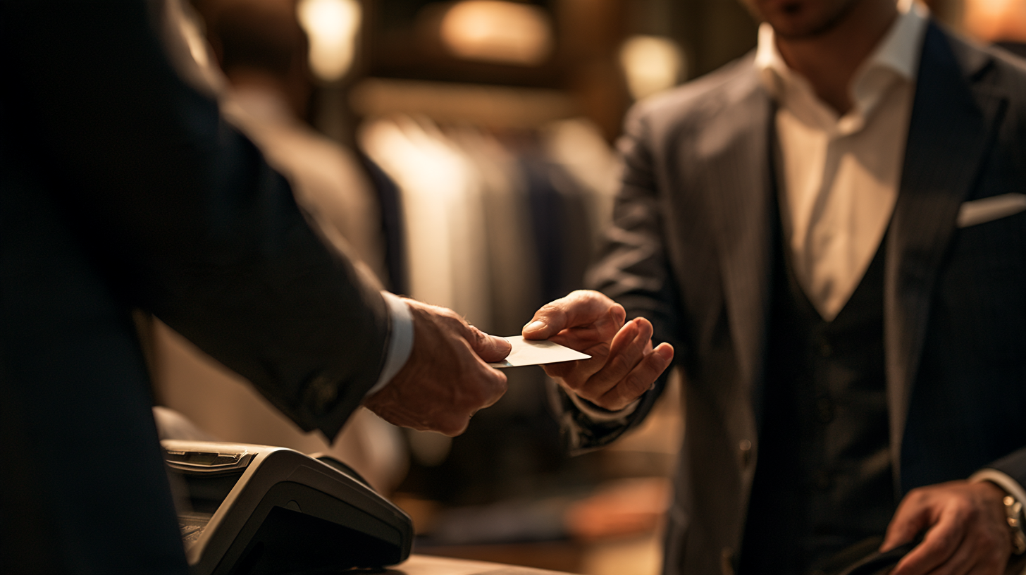 Two businessmen in suits exchange a card at a checkout, with a card reader in the foreground.
