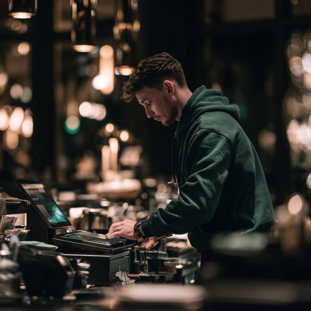 Man in a dark green hoodie standing at a checkout counter, focused on the cash register in a warmly lit cafe.