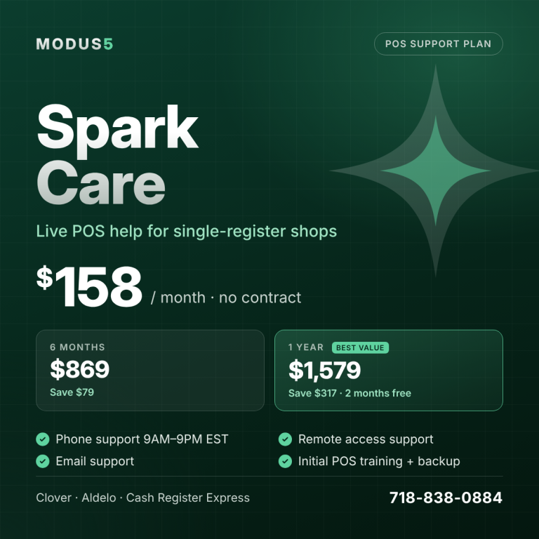 Spark Care POS support plan NYC by Modus 5: $158/month, $869 for 6 months, $1,579/year