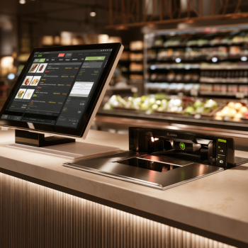 Supermarket POS system bundle with Zebra scanner scale at a New York supermarket checkout lane