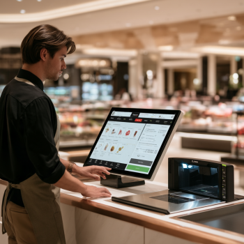 Cashier using supermarket new york pos system bundle