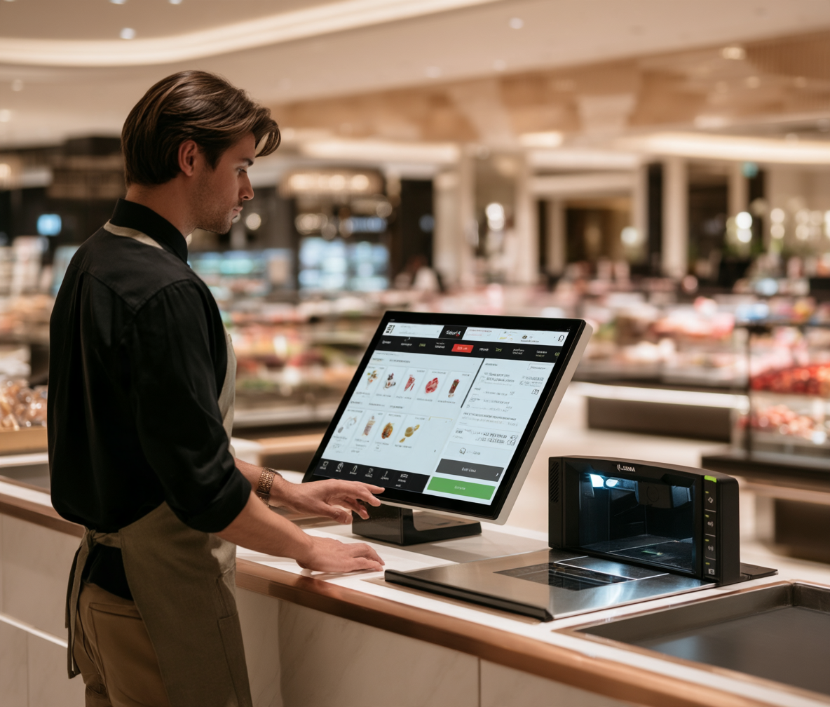 Cashier using supermarket new york pos system bundle