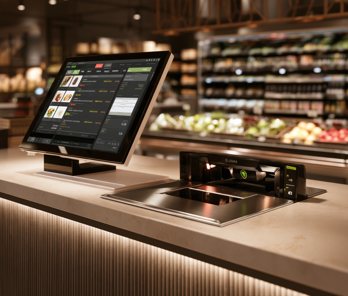 Supermarket POS system bundle with Zebra scanner scale at a New York supermarket checkout lane